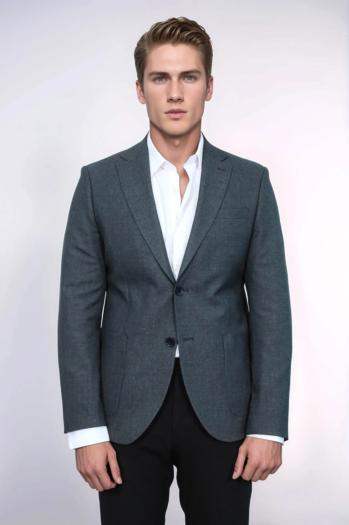 Textured Slim Fit Peak Lapel Grey Men Blazer - Wessi