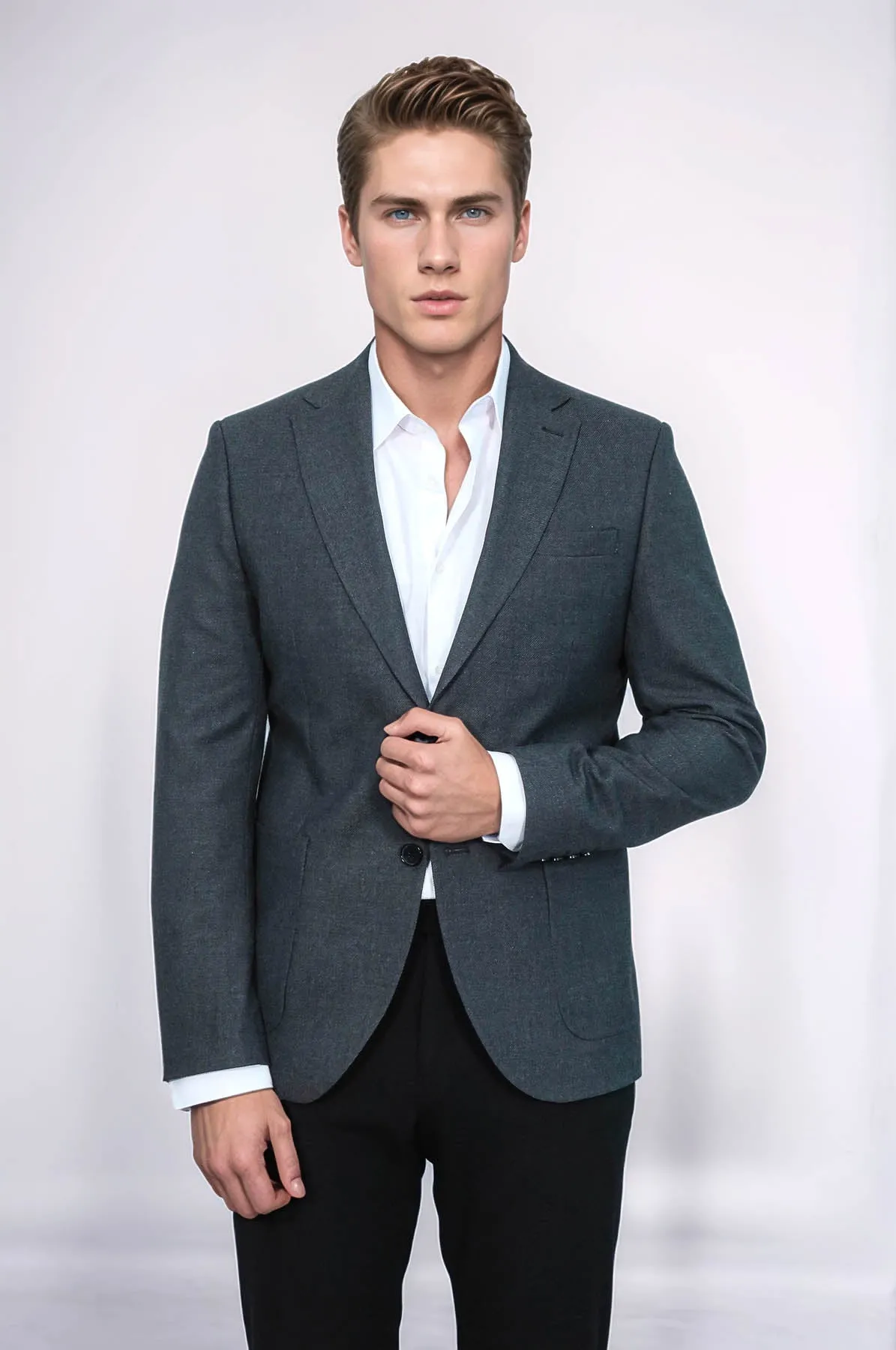 Textured Slim Fit Peak Lapel Grey Men Blazer - Wessi