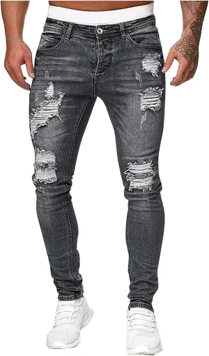 Thatrich Mens Destroyed Jeans Moto Denim Pants Slim Fit Stretch Jean Skinny Ripped Cowboy Trousers Trendy Streetwear Spring