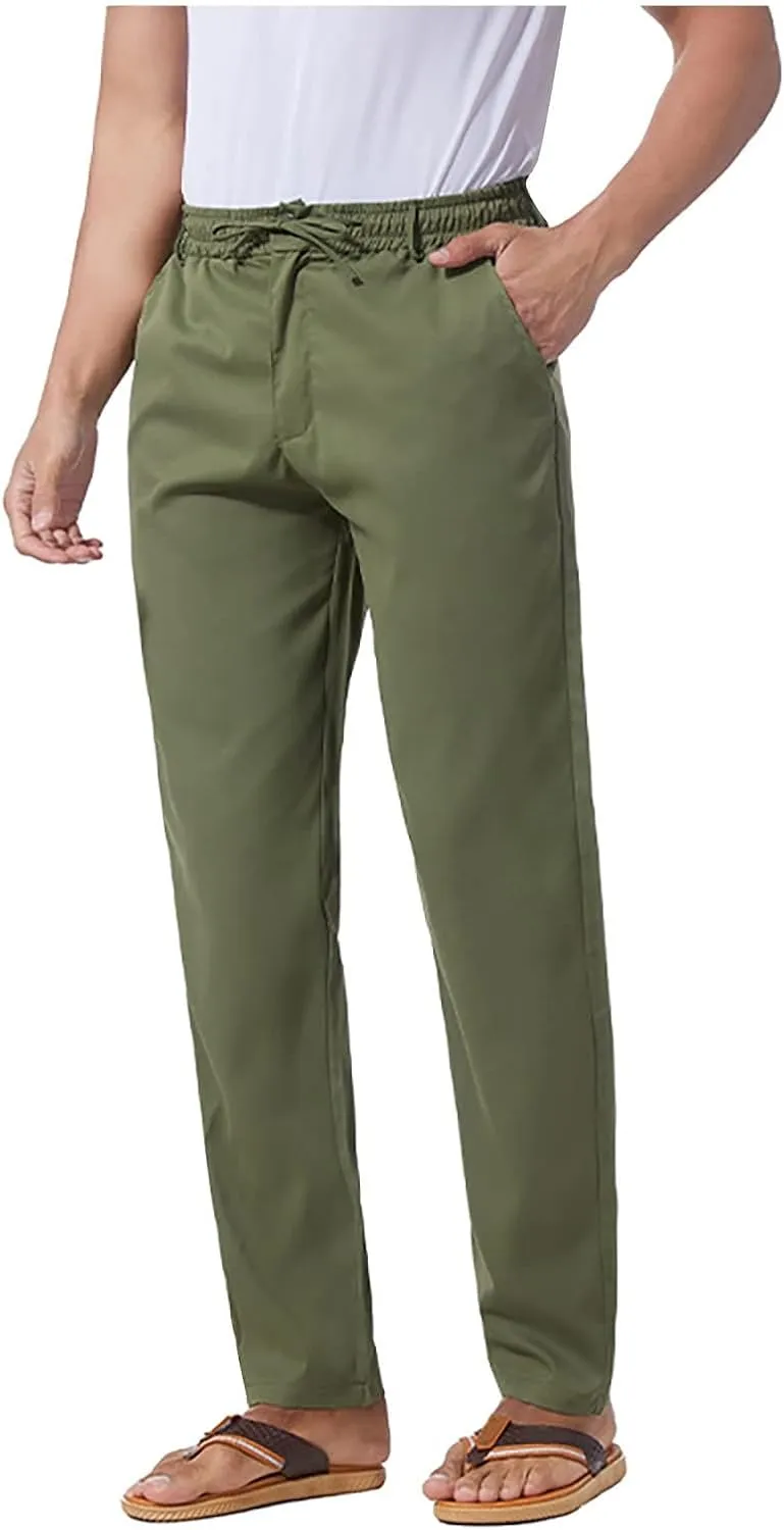 Thatrich Work Pants for Men Business Casual Trouser Cotton Linen Solid Summer Sweatpants Lightweight Comfy Yoga Pant Slim Fit