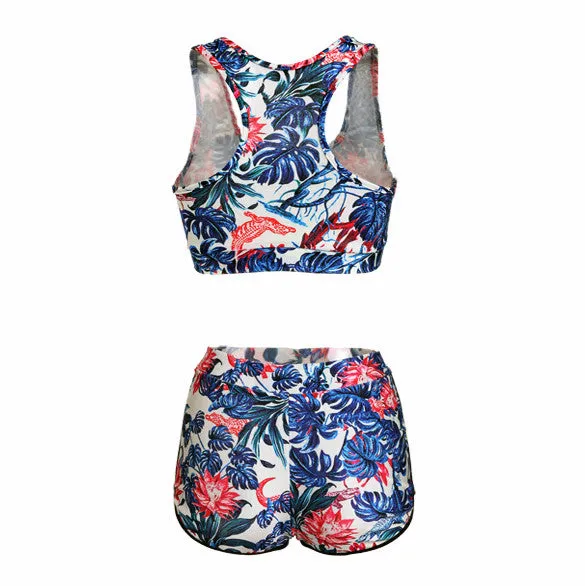 Two Pieces Backless High Waist Flower Print Stretch Swimwear