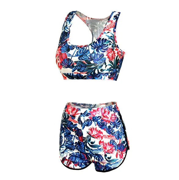 Two Pieces Backless High Waist Flower Print Stretch Swimwear