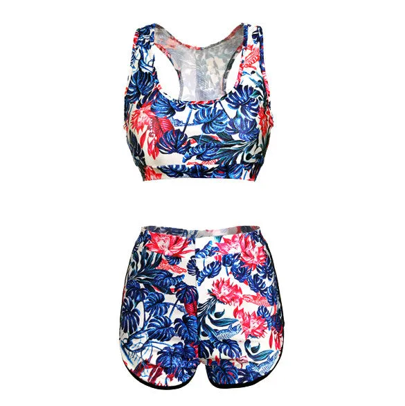 Two Pieces Backless High Waist Flower Print Stretch Swimwear