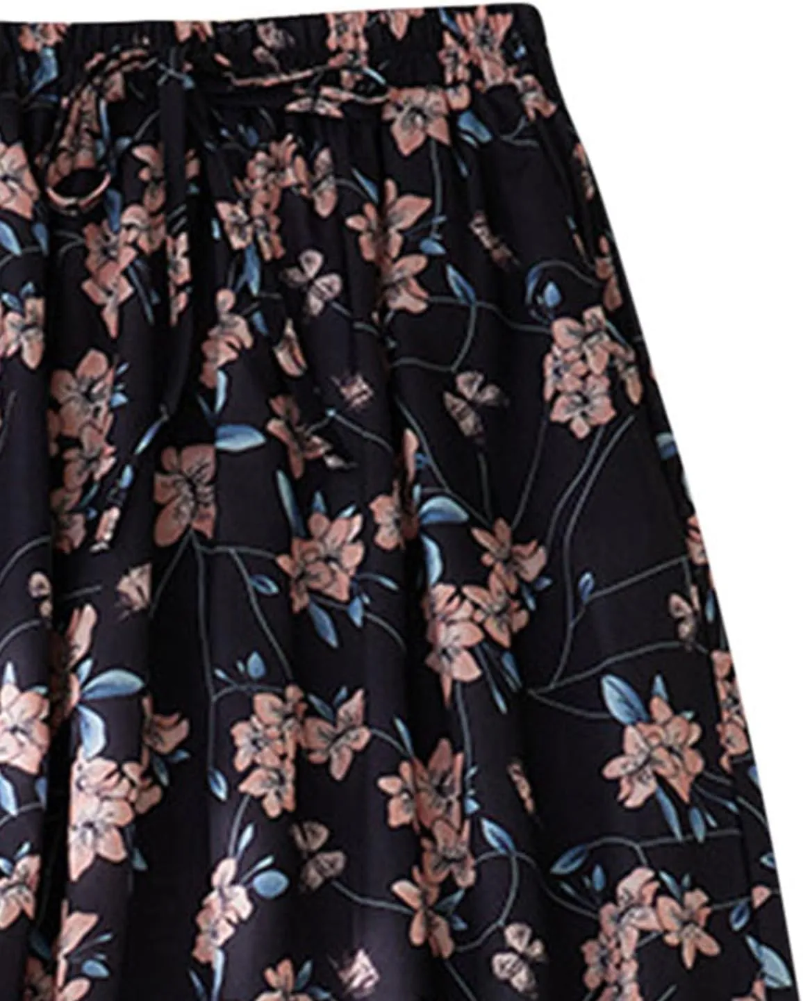 Vintage Floral Print Midi Skirt Women Drawstring Elastic Waist Flowy A-Line Skirts Casual Lightweight Beach Skirt