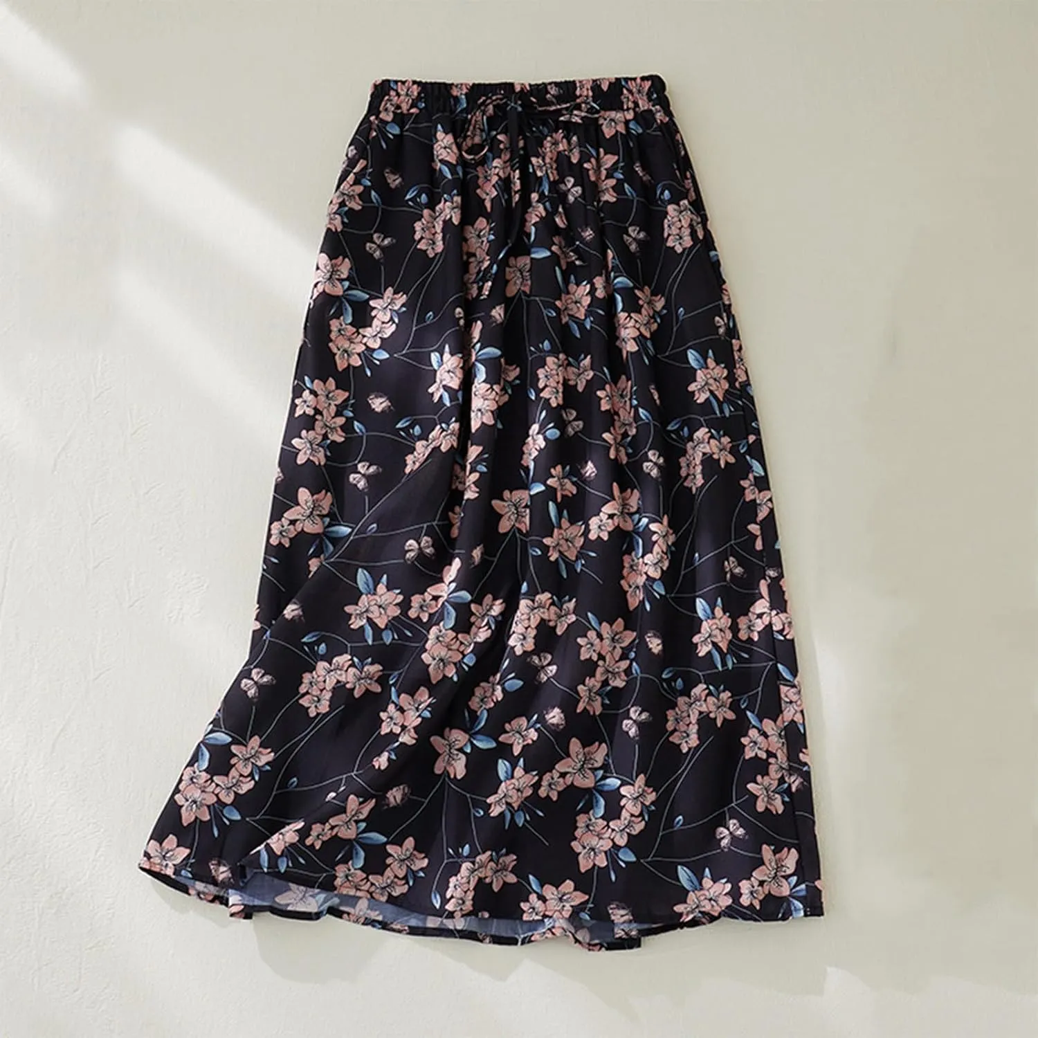 Vintage Floral Print Midi Skirt Women Drawstring Elastic Waist Flowy A-Line Skirts Casual Lightweight Beach Skirt
