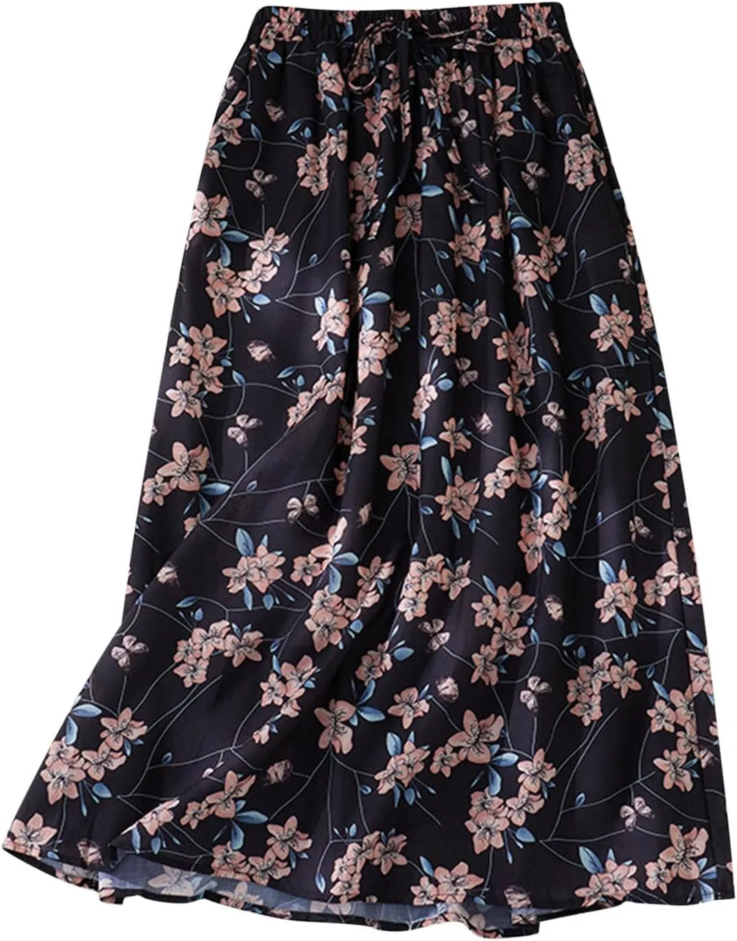 Vintage Floral Print Midi Skirt Women Drawstring Elastic Waist Flowy A-Line Skirts Casual Lightweight Beach Skirt