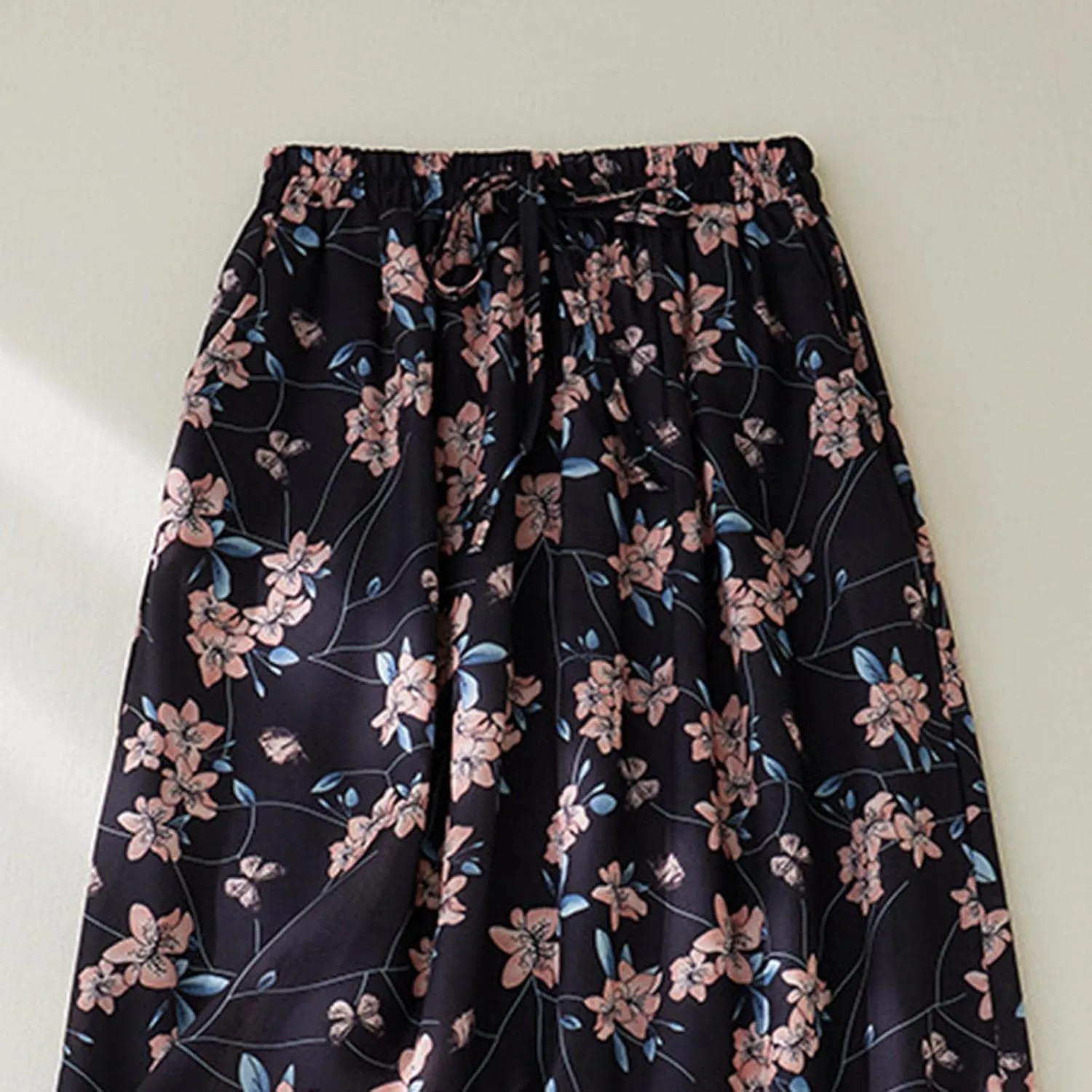 Vintage Floral Print Midi Skirt Women Drawstring Elastic Waist Flowy A-Line Skirts Casual Lightweight Beach Skirt