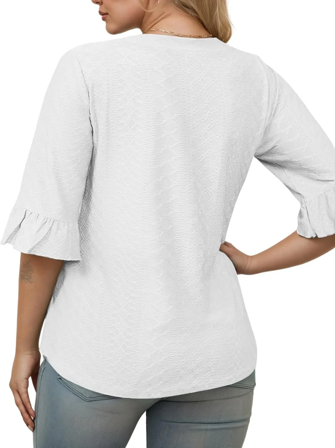 VISLILY Womens-Plus-Size-V-Neck-Tops Dressy 3/4 Length Ruffle Sleeve T Shirts Trendy Eyelet Blouses Casual Loose Tunics 1X-5X
