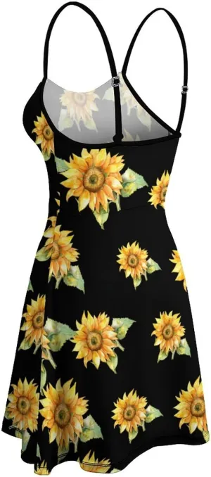 Watercolor Sunflower Women's Sling Dress Cute Print Summer Loose Beach Sundress Club Party Floral Maxi Dress