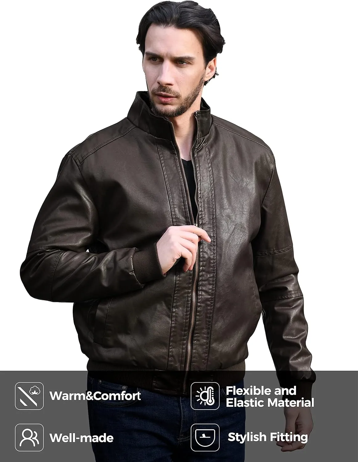 WenVen Men's Stand Collar Fleece Lined Bomber Faux Leather Jacket