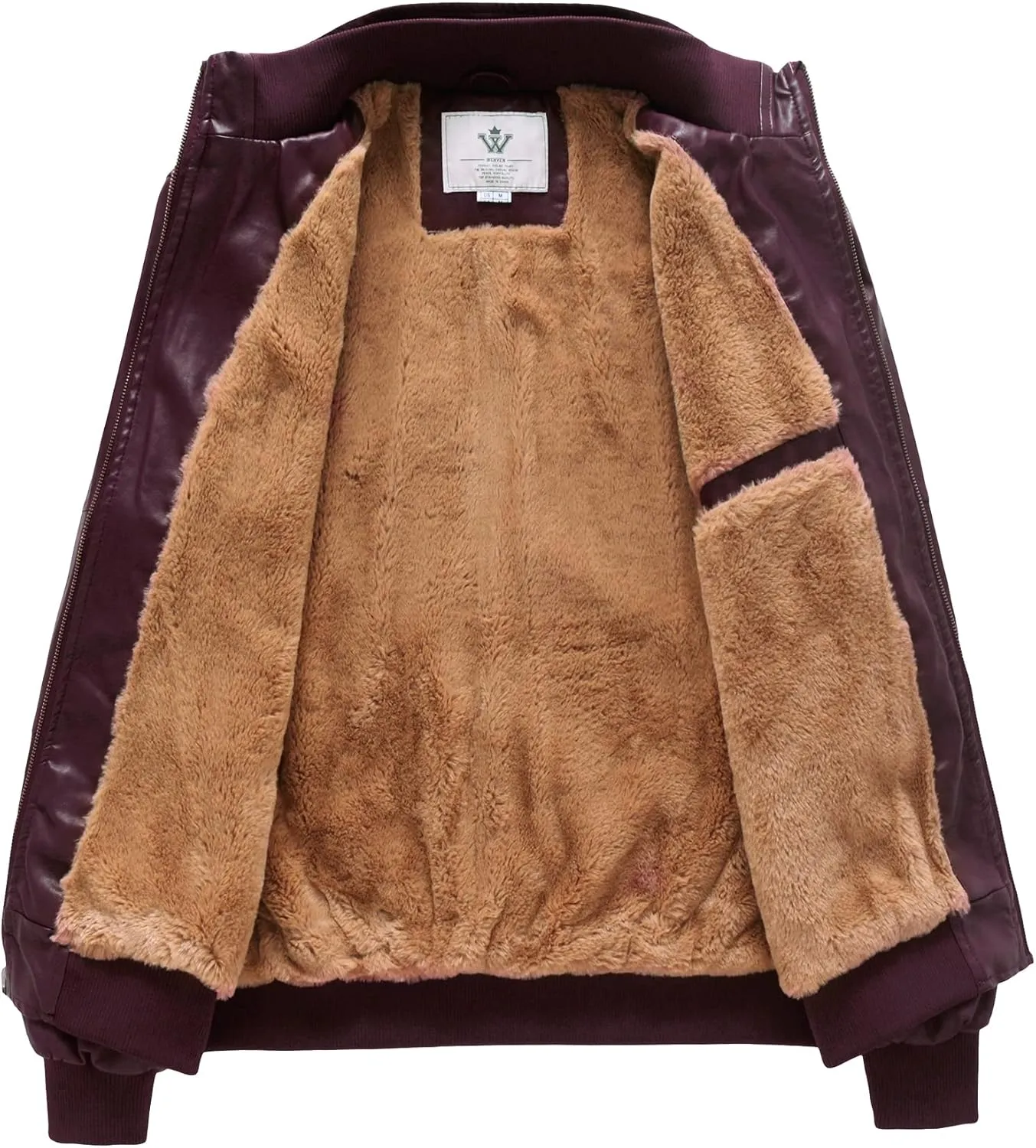 WenVen Men's Stand Collar Fleece Lined Bomber Faux Leather Jacket