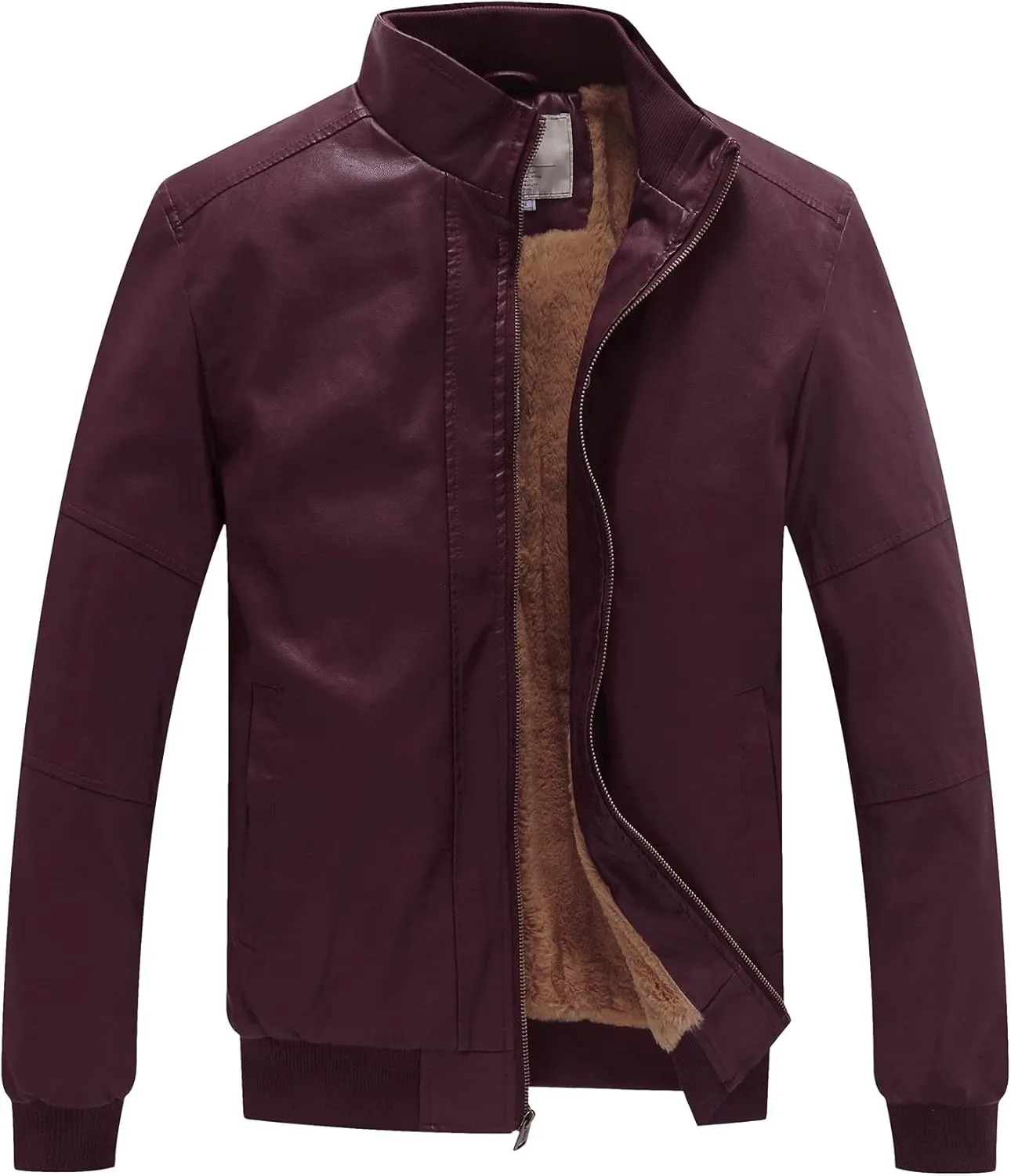 WenVen Men's Stand Collar Fleece Lined Bomber Faux Leather Jacket