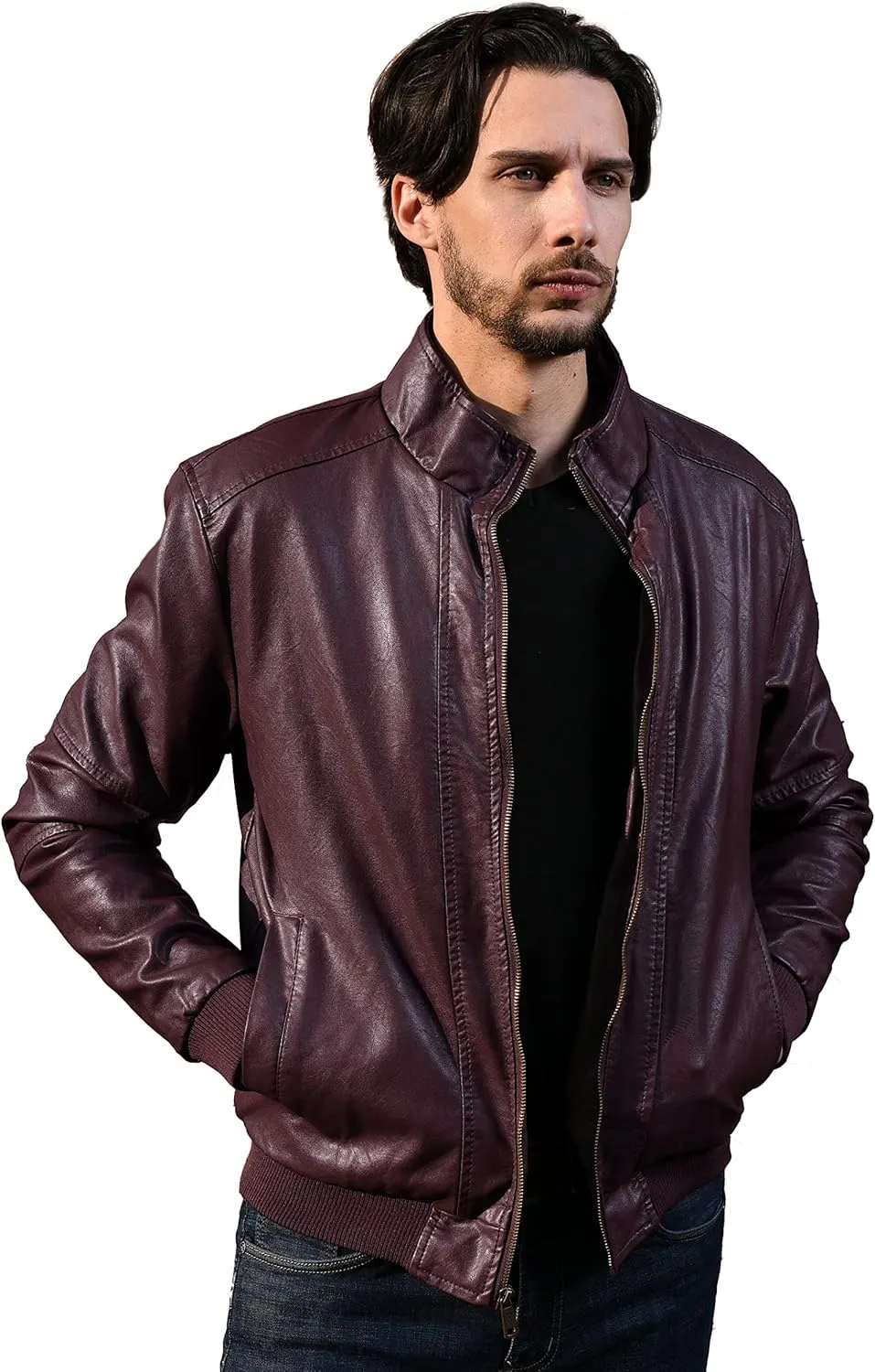 WenVen Men's Stand Collar Fleece Lined Bomber Faux Leather Jacket