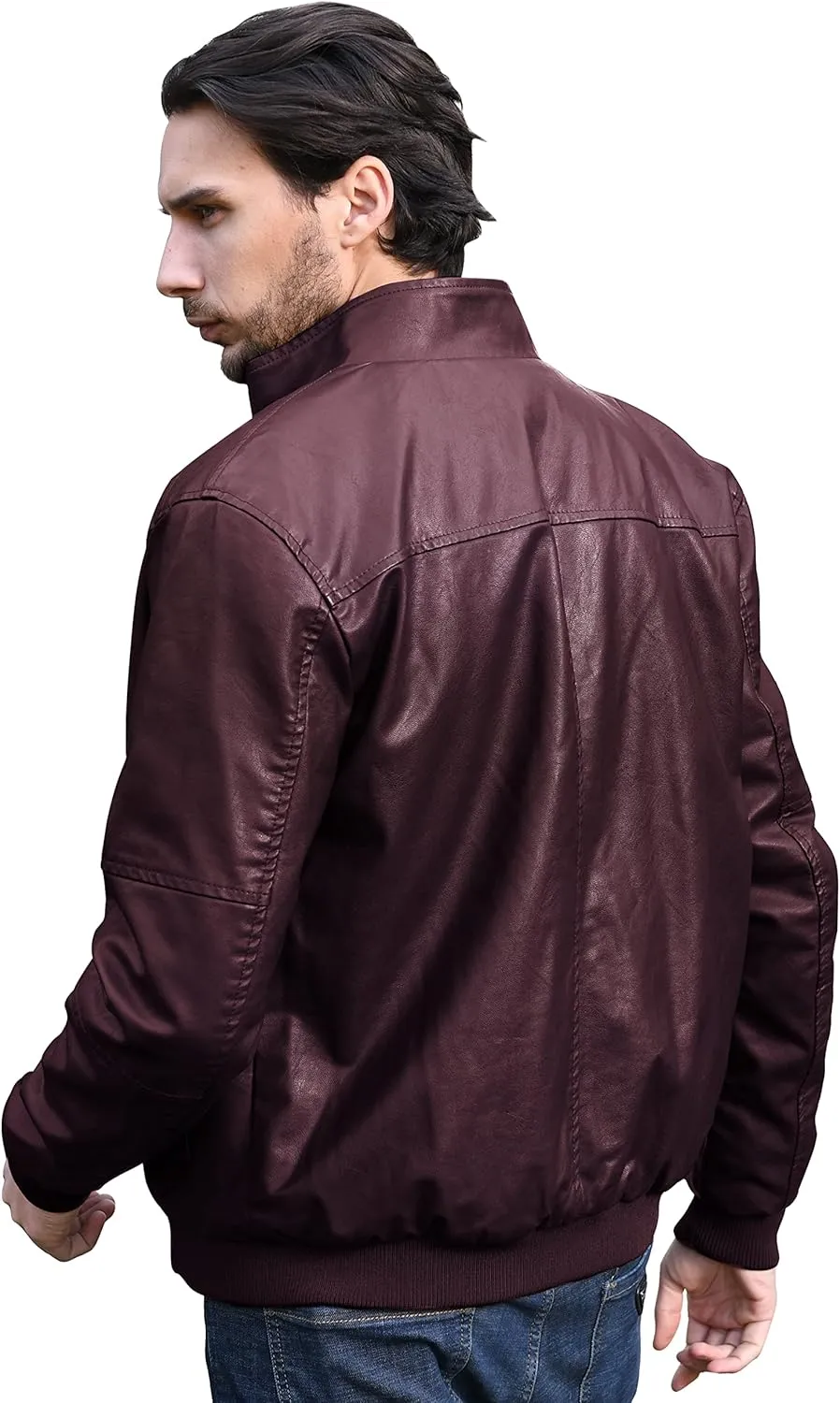 WenVen Men's Stand Collar Fleece Lined Bomber Faux Leather Jacket