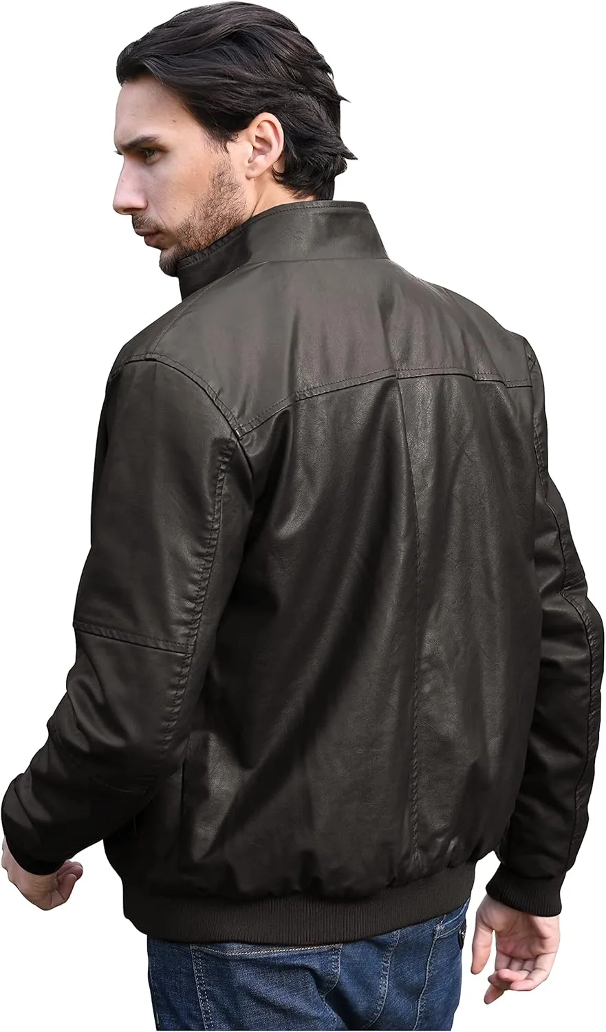 WenVen Men's Stand Collar Fleece Lined Bomber Faux Leather Jacket