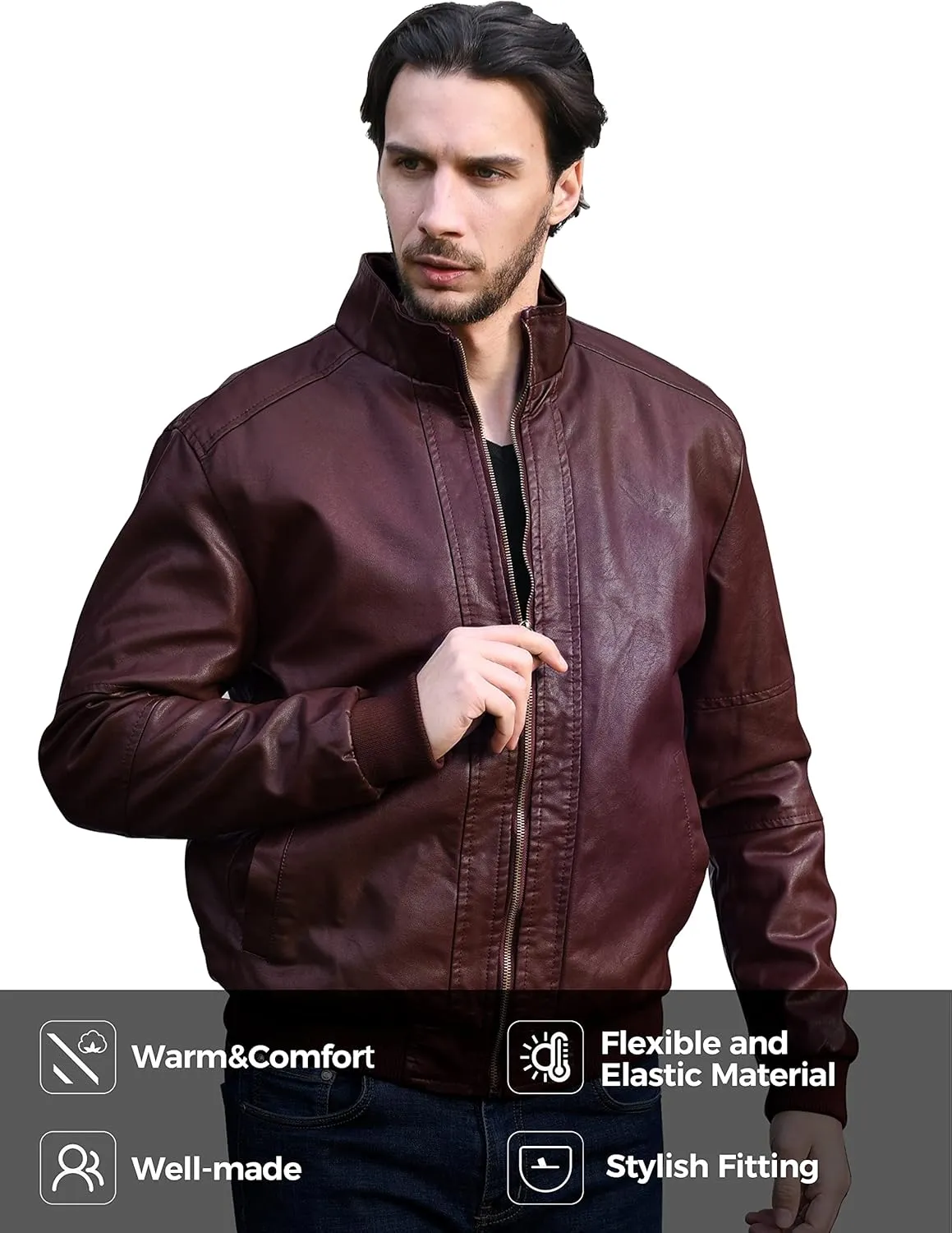 WenVen Men's Stand Collar Fleece Lined Bomber Faux Leather Jacket