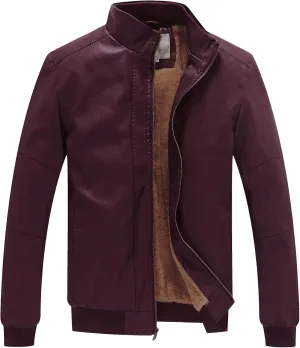 WenVen Men's Stand Collar Fleece Lined Bomber Faux Leather Jacket