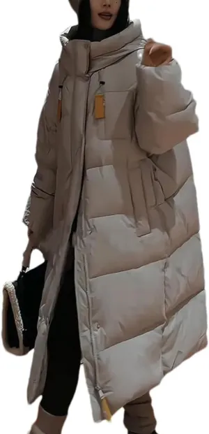Women Drawstring Hooded Thick Long Parka Coat Classic Zipper Long Sleeve Cotton-Padded Jacket