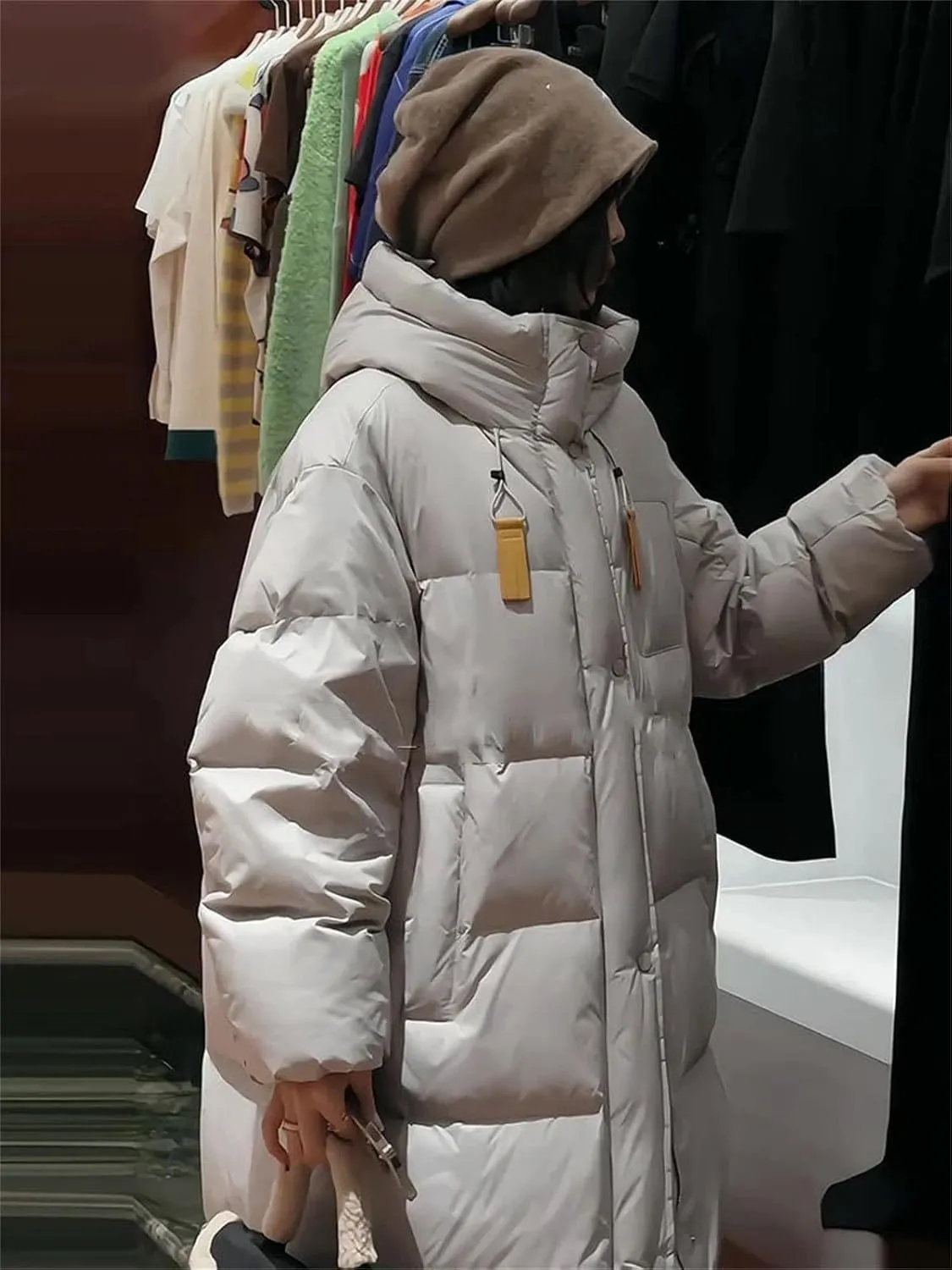Women Drawstring Hooded Thick Long Parka Coat Classic Zipper Long Sleeve Cotton-Padded Jacket
