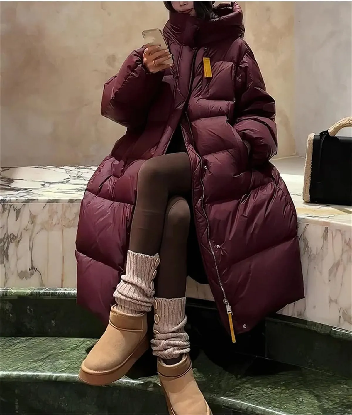 Women Drawstring Hooded Thick Long Parka Coat Classic Zipper Long Sleeve Cotton-Padded Jacket