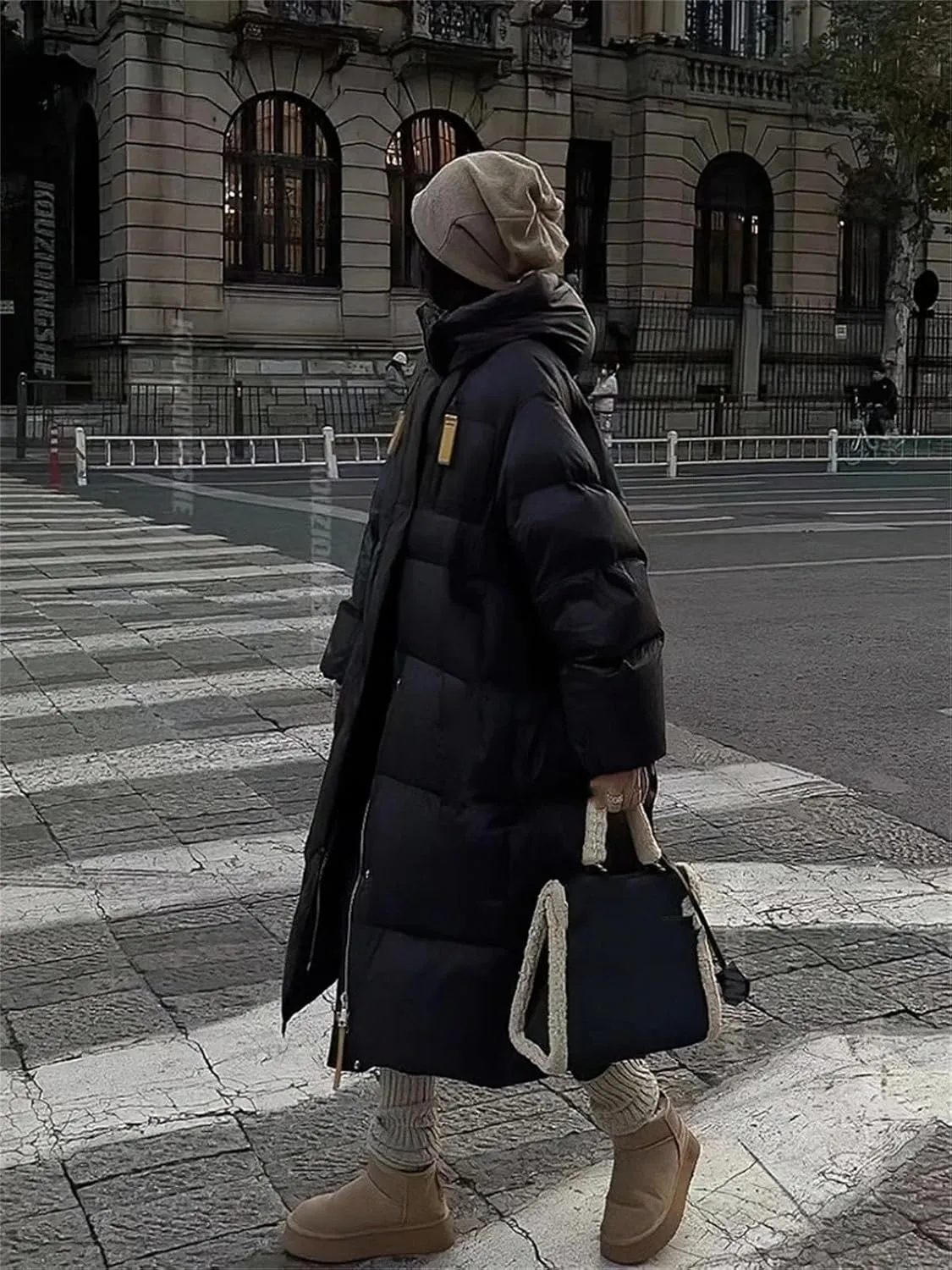 Women Drawstring Hooded Thick Long Parka Coat Classic Zipper Long Sleeve Cotton-Padded Jacket