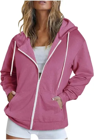 Women Fall Oversized Hoodies Solid Color Sweatshirts Full-Zipper Long Sleeve Pullover Tops with Pockets