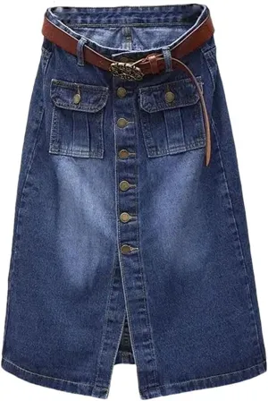 Women Front Split Denim Sheath Female Single-Breasted Midi Ladies High Waist Pencil Skirts