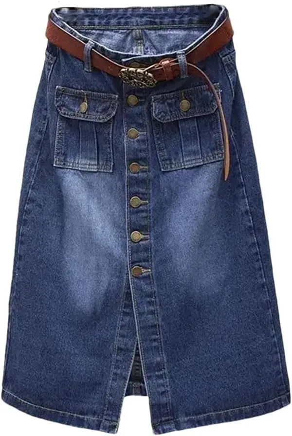 Women Front Split Denim Sheath Female Single-Breasted Midi Ladies High Waist Pencil Skirts