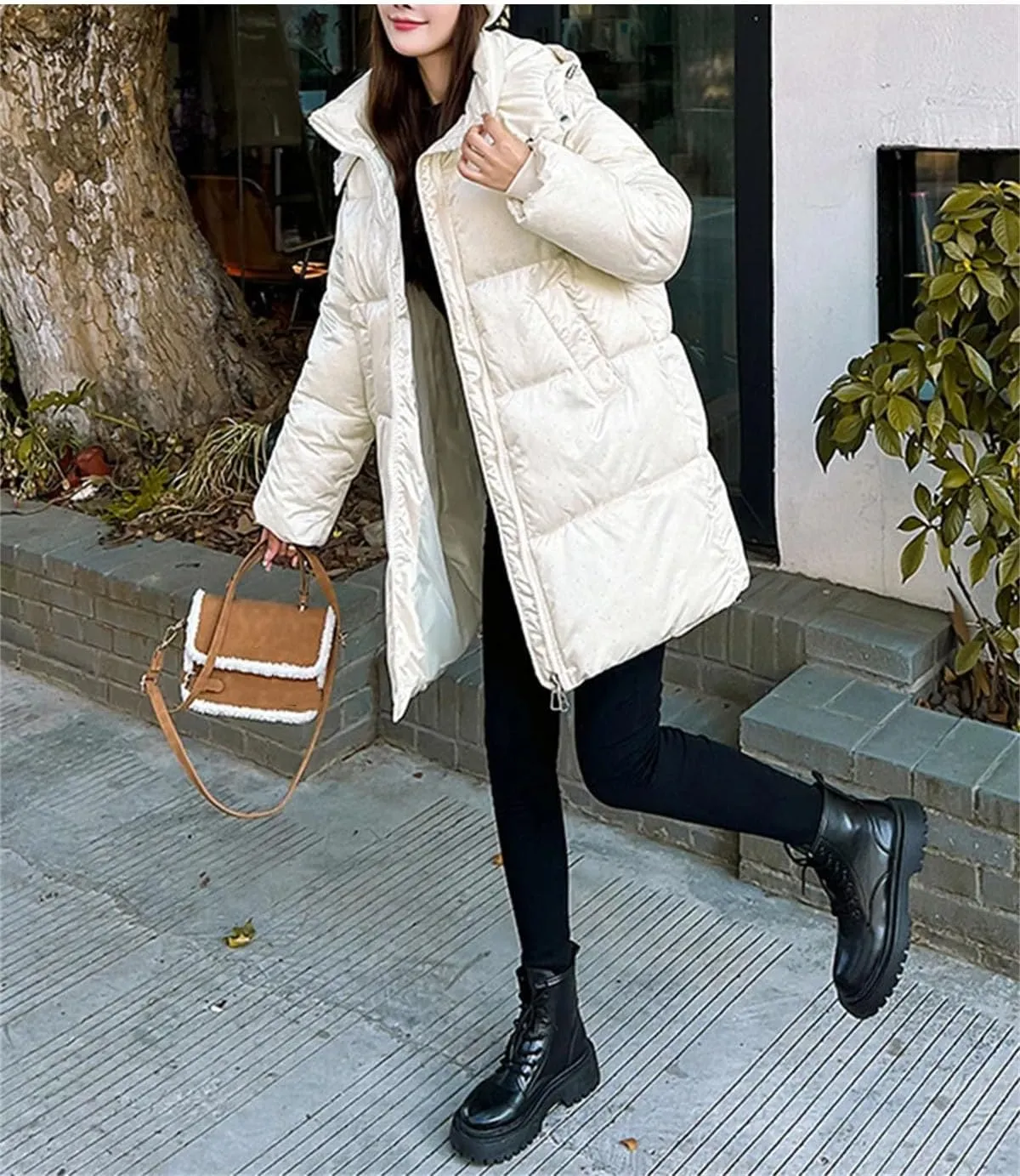 Women Hooded Zipper Long Parka Coat Thick Classic Flash Polka Dots Cotton-Padded Jacket