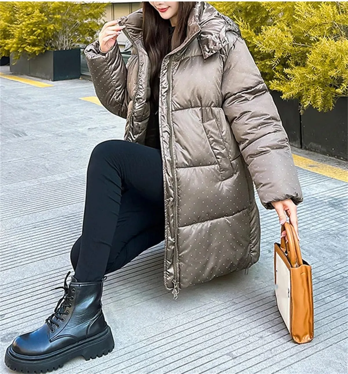 Women Hooded Zipper Long Parka Coat Thick Classic Flash Polka Dots Cotton-Padded Jacket