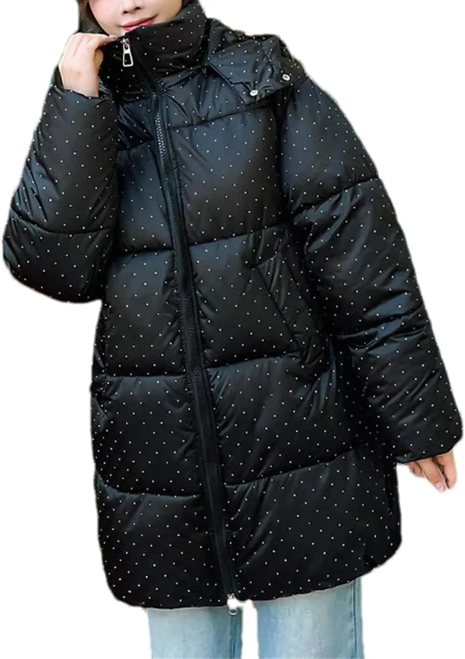 Women Hooded Zipper Long Parka Coat Thick Classic Flash Polka Dots Cotton-Padded Jacket