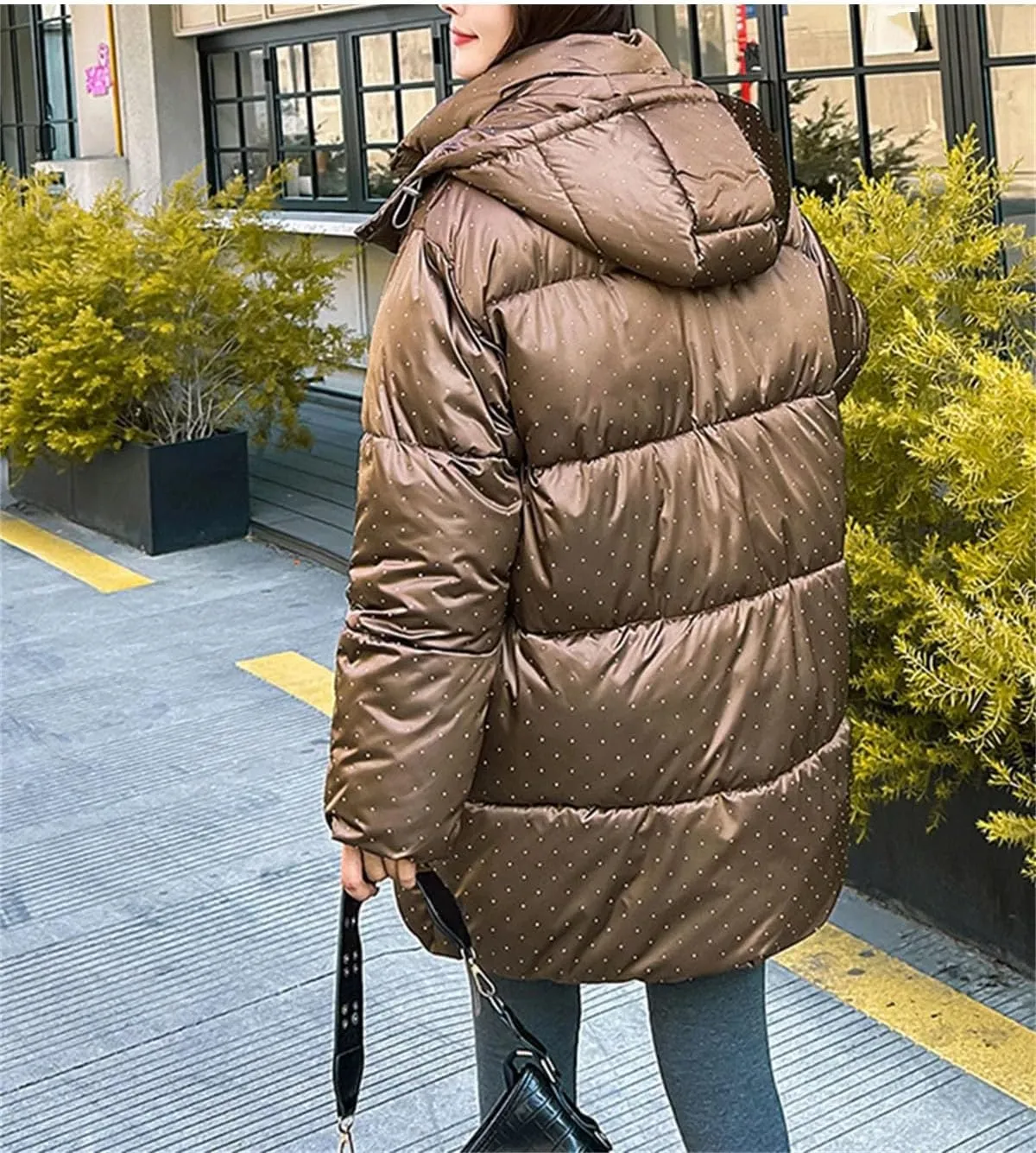 Women Hooded Zipper Long Parka Coat Thick Classic Flash Polka Dots Cotton-Padded Jacket