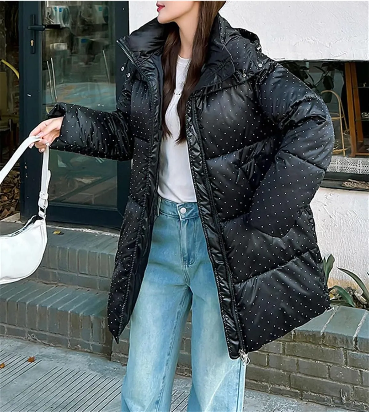 Women Hooded Zipper Long Parka Coat Thick Classic Flash Polka Dots Cotton-Padded Jacket