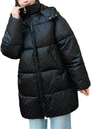 Women Hooded Zipper Long Parka Coat Thick Classic Flash Polka Dots Cotton-Padded Jacket