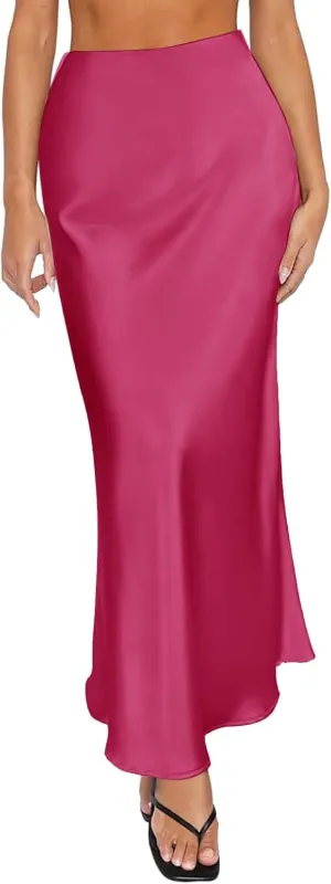 Women Long Satin Summer Fall Skirt Silk Elegant High Waist Black Wedding Flared A-Line Midi Skirts