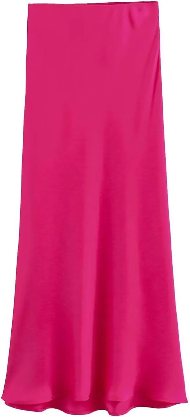 Women Long Satin Summer Fall Skirt Silk Elegant High Waist Black Wedding Flared A-Line Midi Skirts