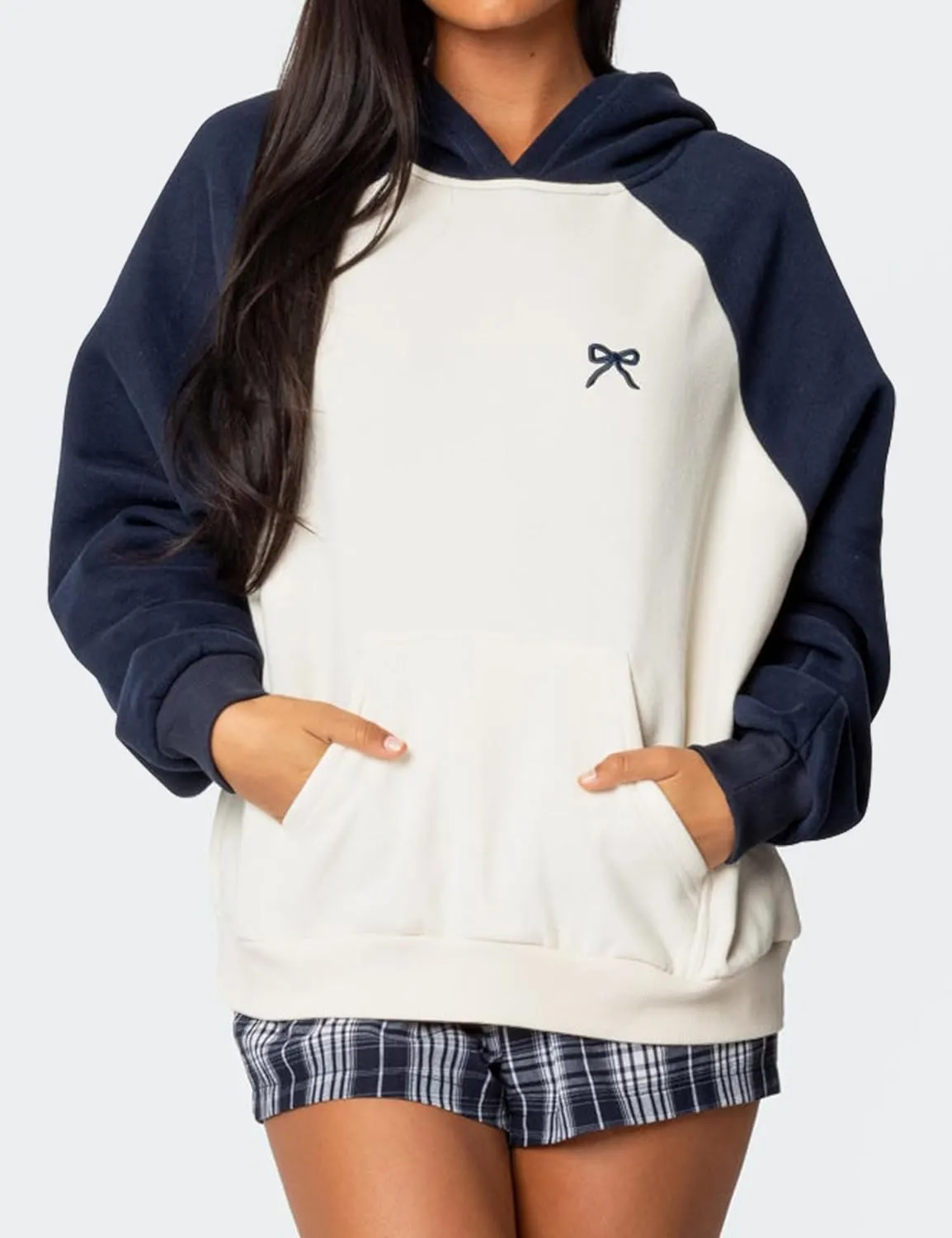 Women Oversized Color Block Hoodies Bow Graphic Embroidered Hooded Sweatshirts Casual Fall Pullover Sweatshirt Tops