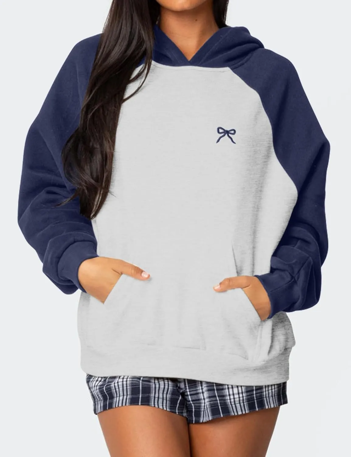 Women Oversized Color Block Hoodies Bow Graphic Embroidered Hooded Sweatshirts Casual Fall Pullover Sweatshirt Tops