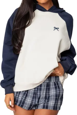 Women Oversized Color Block Hoodies Bow Graphic Embroidered Hooded Sweatshirts Casual Fall Pullover Sweatshirt Tops