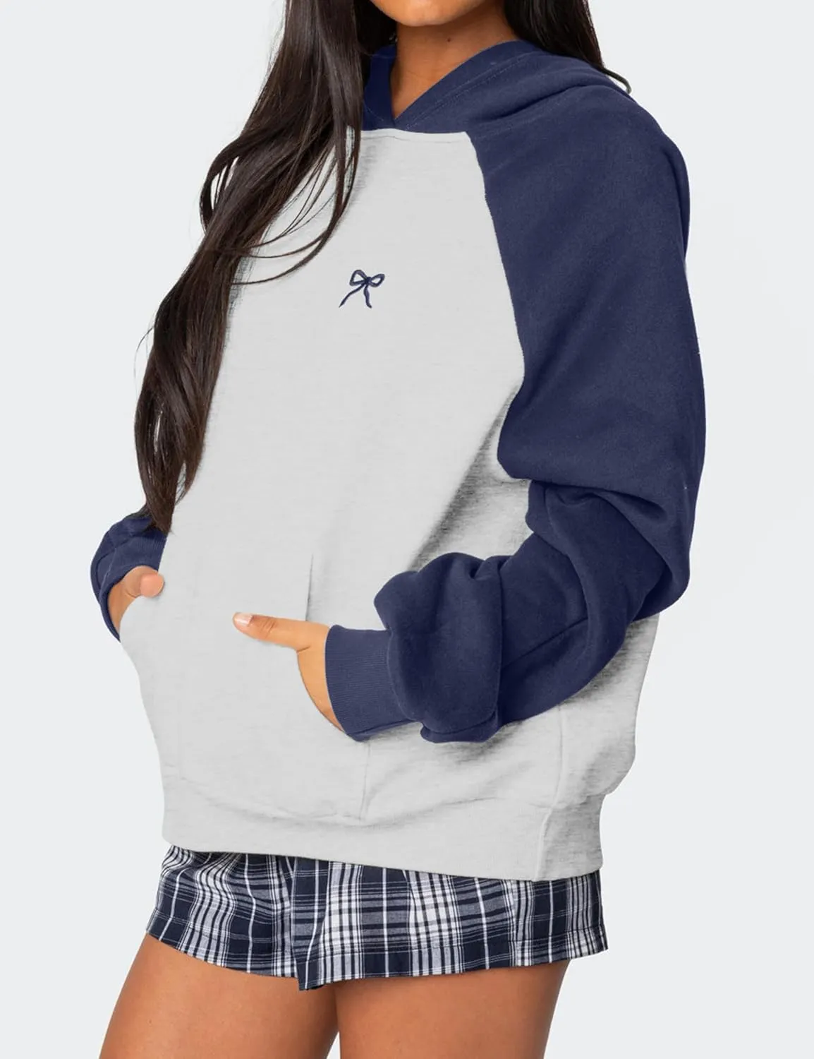 Women Oversized Color Block Hoodies Bow Graphic Embroidered Hooded Sweatshirts Casual Fall Pullover Sweatshirt Tops