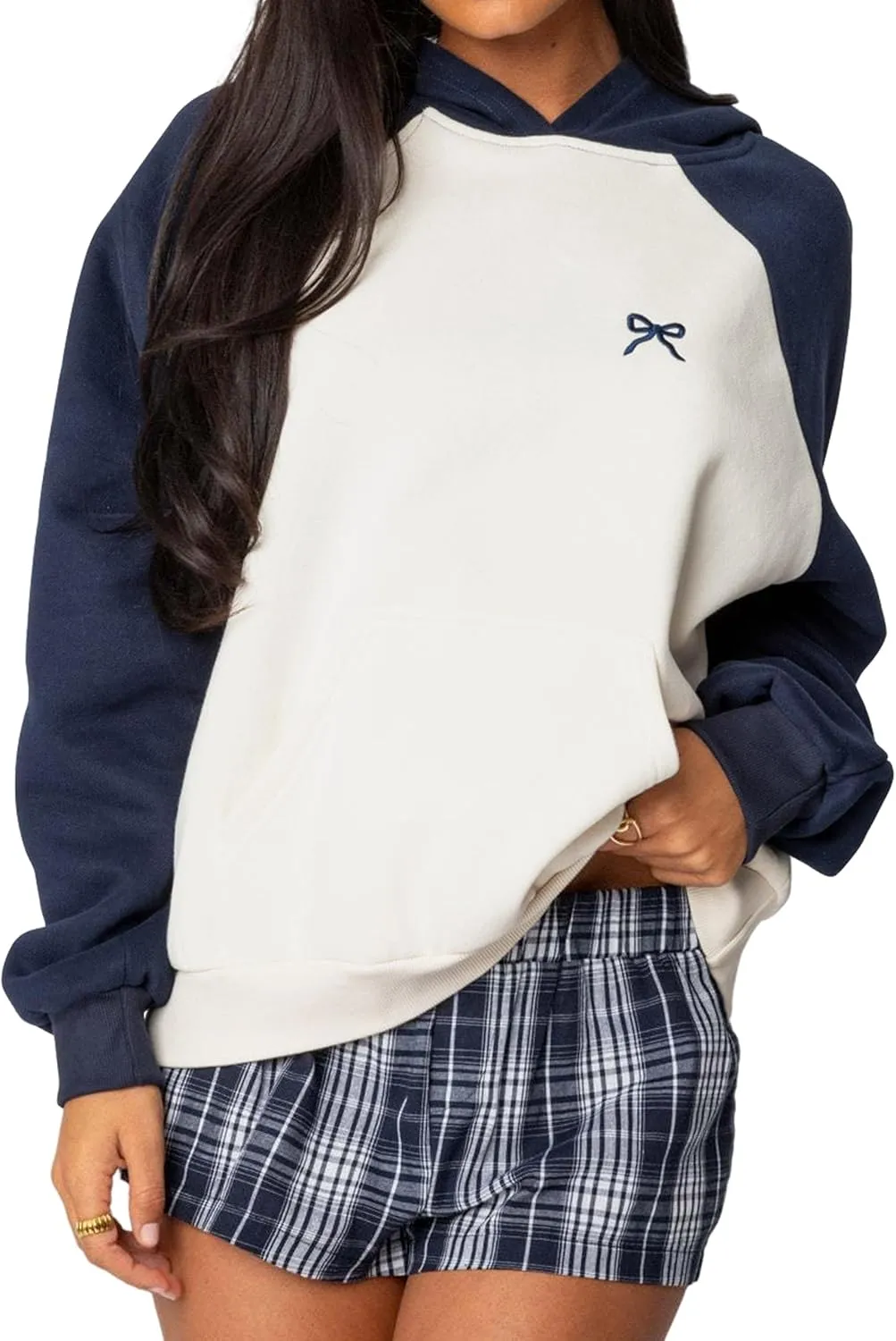 Women Oversized Color Block Hoodies Bow Graphic Embroidered Hooded Sweatshirts Casual Fall Pullover Sweatshirt Tops