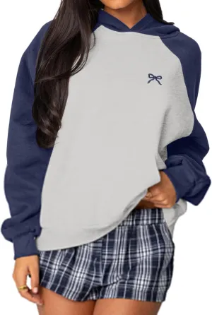 Women Oversized Color Block Hoodies Bow Graphic Embroidered Hooded Sweatshirts Casual Fall Pullover Sweatshirt Tops