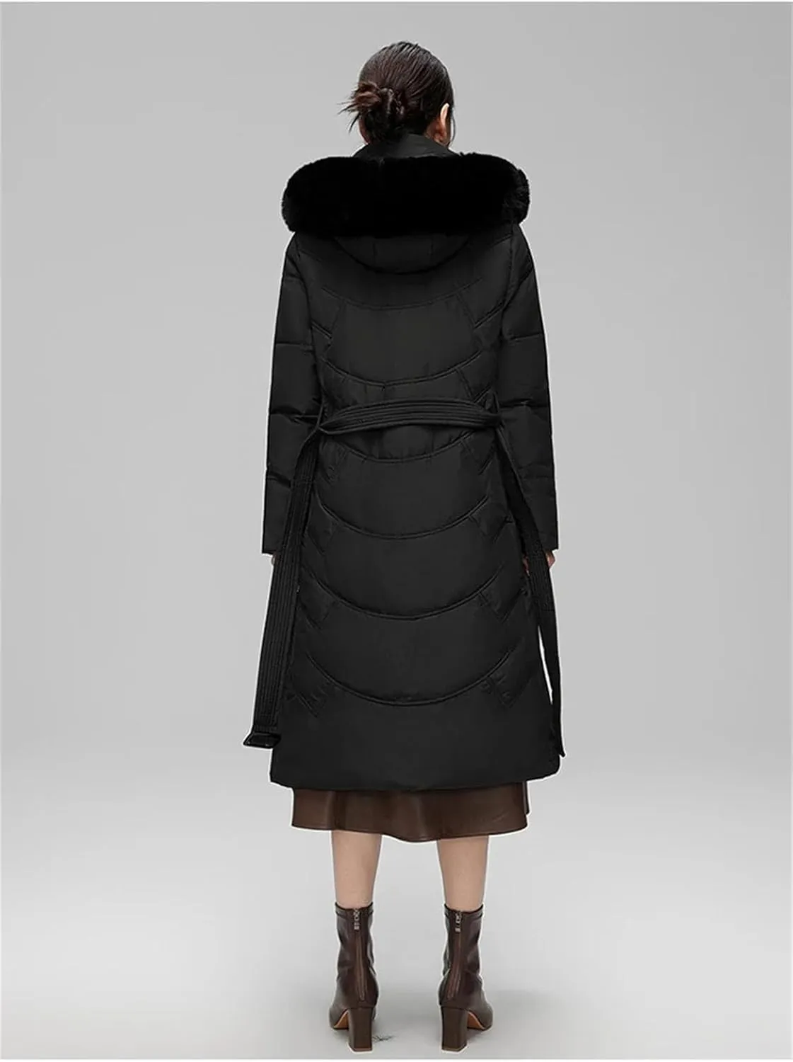 Women Solid Zipper Belt Long Parka Coat Classic Plush Hooded Slim Cotton-Padded Jacket