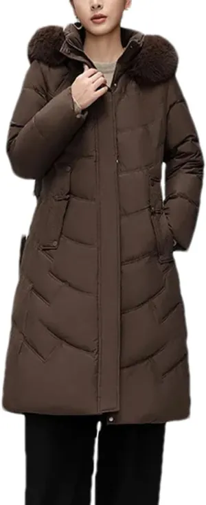 Women Solid Zipper Belt Long Parka Coat Classic Plush Hooded Slim Cotton-Padded Jacket