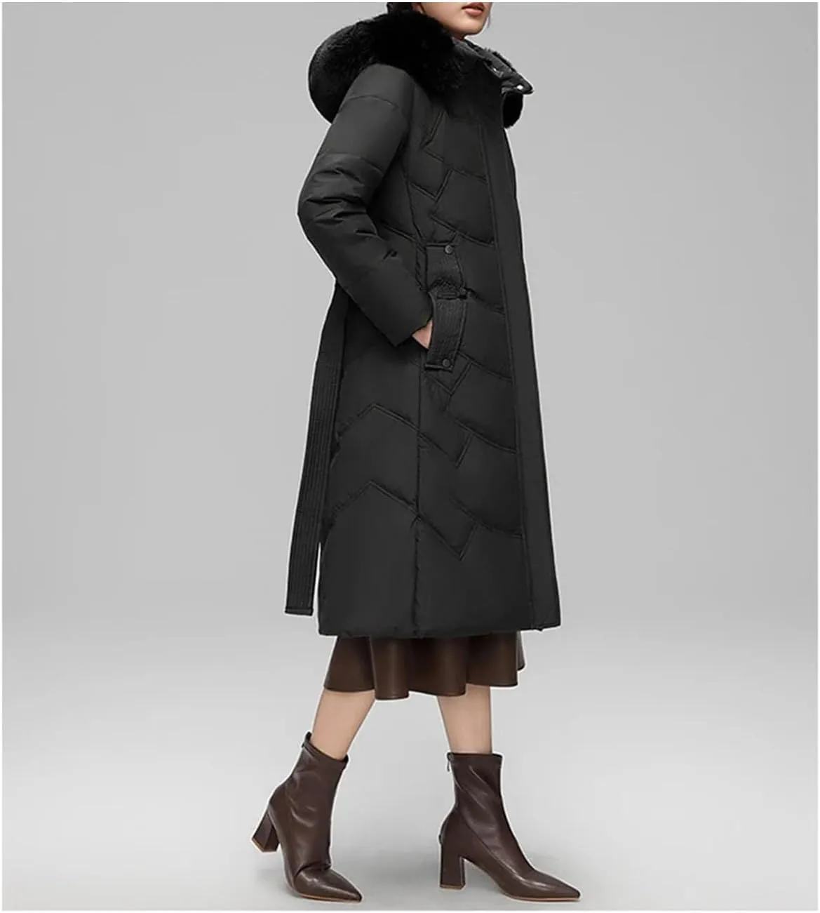 Women Solid Zipper Belt Long Parka Coat Classic Plush Hooded Slim Cotton-Padded Jacket