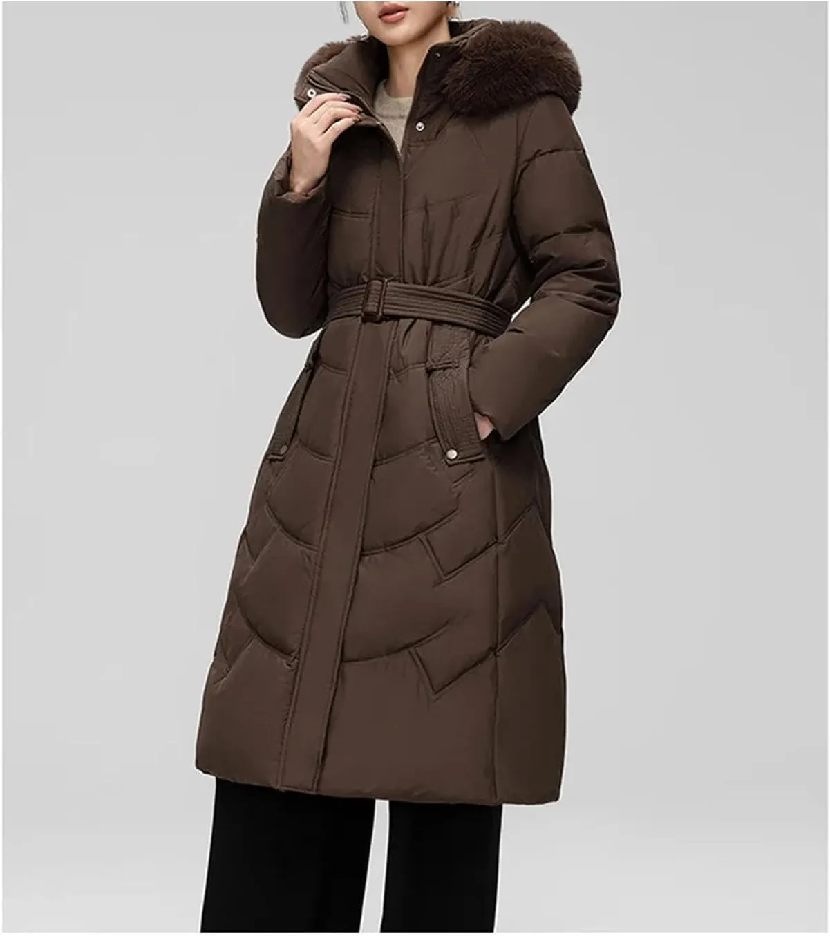 Women Solid Zipper Belt Long Parka Coat Classic Plush Hooded Slim Cotton-Padded Jacket
