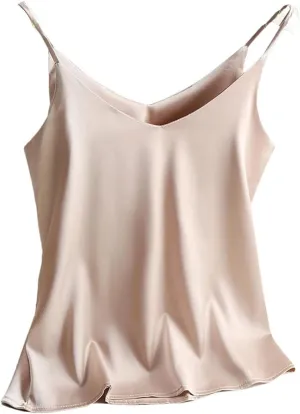 Women Solor Color Spaghetti Strap Camisole Tops V Neck Basic Sleeveless Satin Tank Tops Female Cami