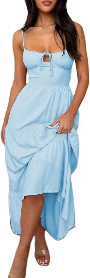 Women Y2k Bodycon Maxi Dress Open Back Flowy Long Dress Low Cut Spaghetti Strap Sundress Summer Sexy Clubwear