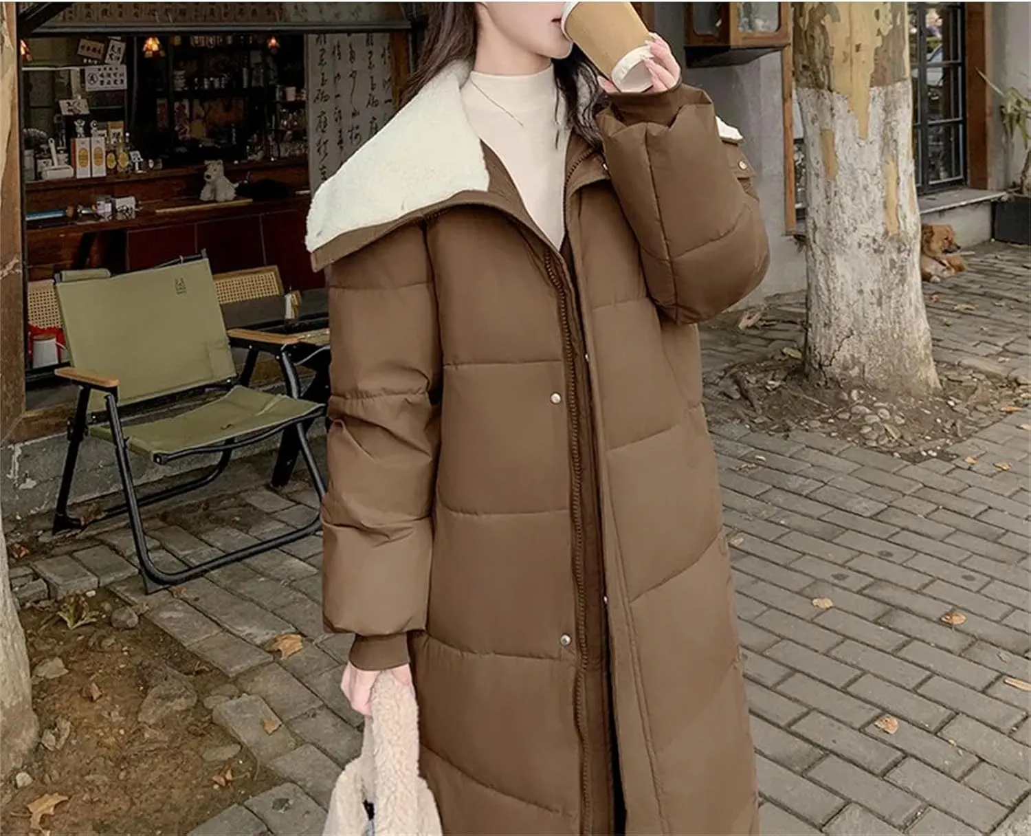 Women Zipper Button Over The Knee Parka Coat Classic Plush Lapel Long Cotton-Padded Jacket