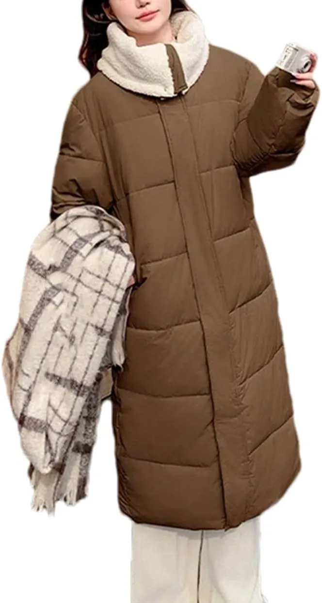 Women Zipper Button Over The Knee Parka Coat Classic Plush Lapel Long Cotton-Padded Jacket